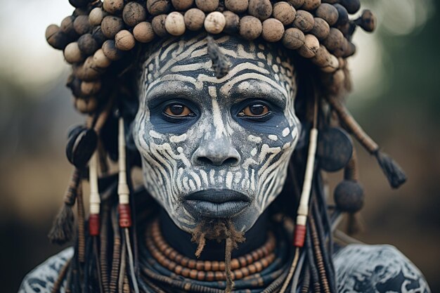 Un homme africain âgé, sérieux, d'une tribu primitive avec un motif traditionnel de peinture de visage blanc et des bijoux.