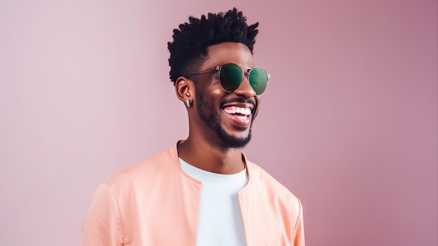 Homme africain américain moderne souriant portrait en gros plan portant des lunettes de soleil vie urbaine heureuse et branchée