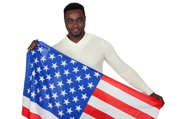 Homme africain attrayant, à, a, drapeau américain, isolé, sur, a, fond blanc