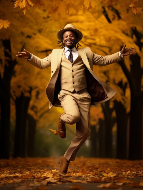 Homme africain dans une pose dynamique émotionnelle sur fond d'automne