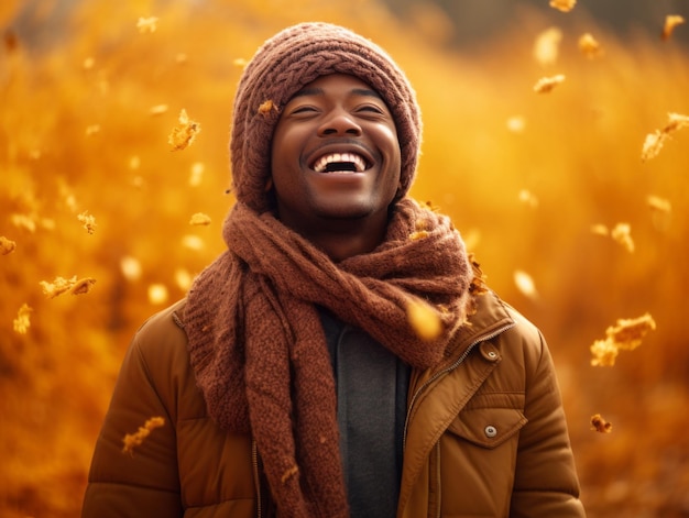 Homme africain dans une pose dynamique émotionnelle sur fond d'automne