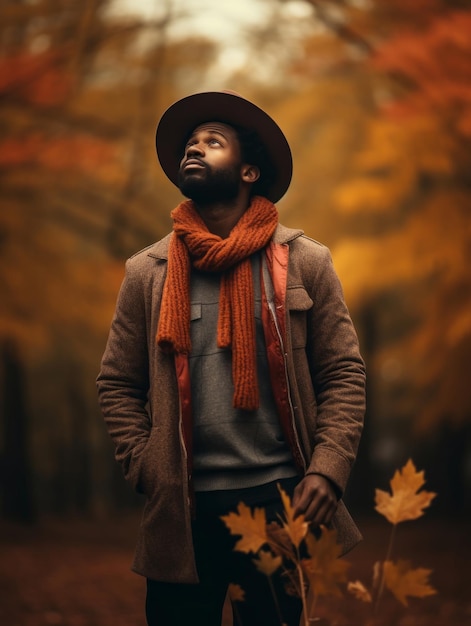 Homme africain dans une pose dynamique émotionnelle sur fond d'automne