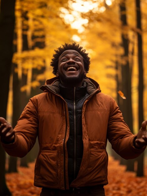 Homme africain dans une pose dynamique émotionnelle sur fond d'automne