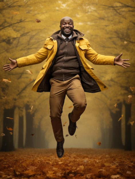 Homme africain dans une pose dynamique émotionnelle sur fond d'automne