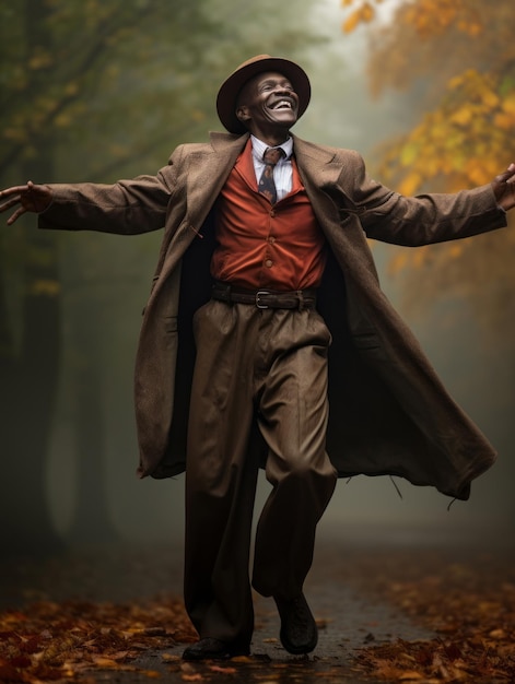 Homme africain dans une pose dynamique émotionnelle sur fond d'automne