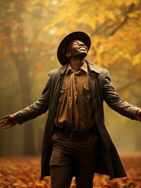 Homme africain dans une pose dynamique émotionnelle sur fond d'automne