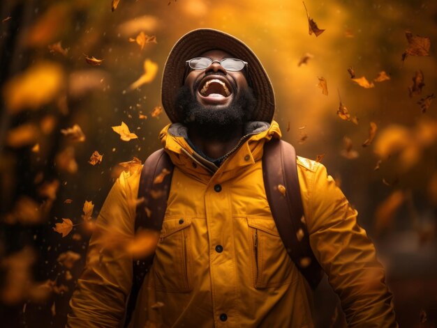 Un homme africain dans une pose dynamique émotionnelle sur un fond d'automne