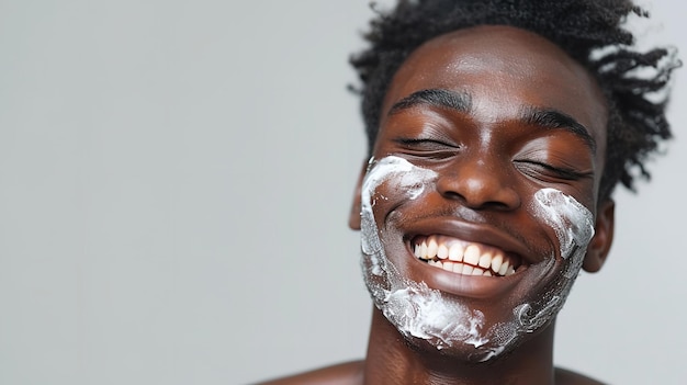 Un homme africain dont les joues sont couvertes de crème sourit en couvrant les yeux pendant les soins de la peau.