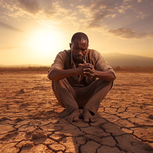 un homme africain était assis agenouillé sur un sol sec avec les mains fermées sur son visage le réchauffement climatique