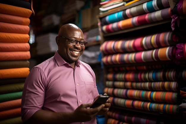 Photo un homme africain sur le fond d'un comptoir avec un tissu