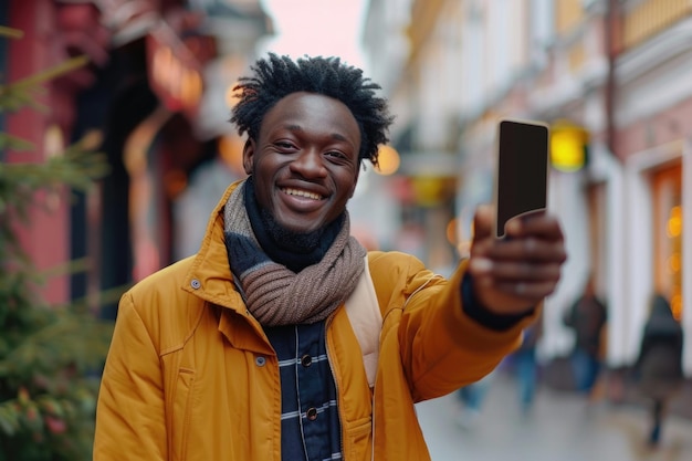 Un homme africain heureux présentant son téléphone avec un écran vide à l'extérieur