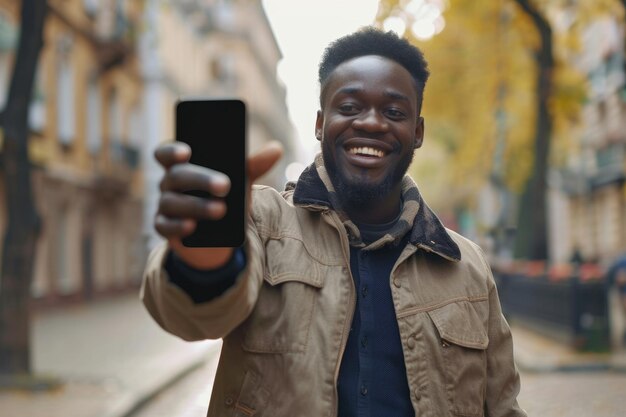 Un homme africain heureux présentant son téléphone avec un écran vide à l'extérieur