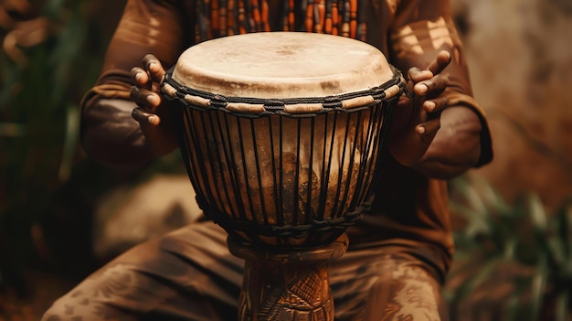 Photo un homme africain jouant d'un tambour djembe traditionnel le djembe est un tambour à goblet couvert de peau joué à mains nues