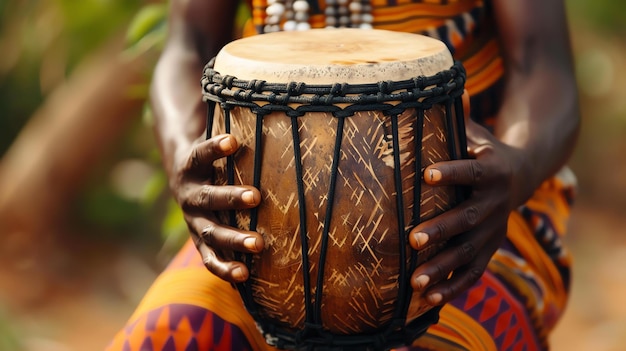 Un homme africain joue d'un tambour traditionnel. Le tambour est en bois et a une tête en peau de chèvre.