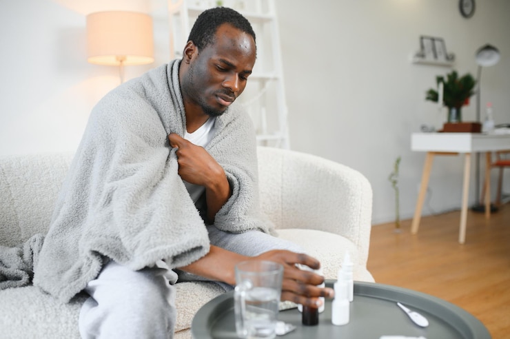 Photo un homme africain malade qui utilise un spray à la gorge à la maison