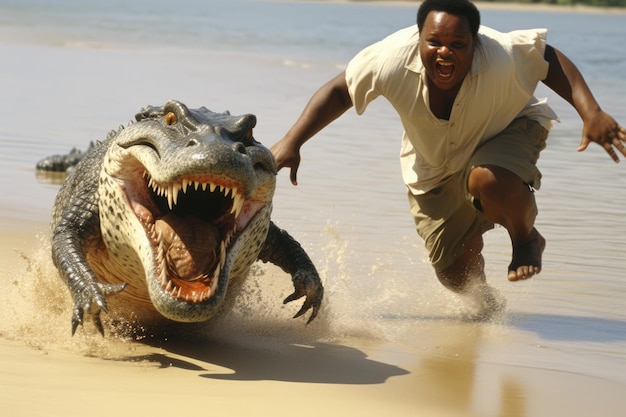 Homme africain noir combattant avec un reptile crocodile iguane dinosaure scène de combat comique homme intrépide avec gros ventre danger de panique Afrique Australie