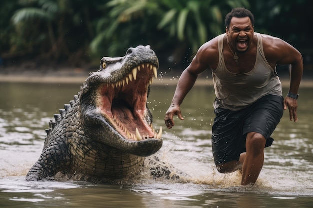 Homme africain noir combattant avec un reptile crocodile iguane dinosaure scène de combat comique homme intrépide avec gros ventre danger de panique Afrique Australie