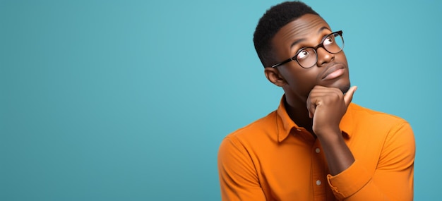 Un homme africain noir réfléchi vêtu d'une chemise orange sur un fond de studio bleu avec espace de copie