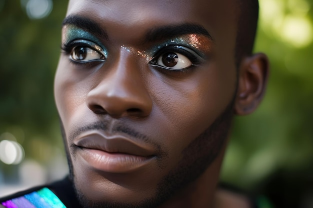 Homme africain avec des ombres et des paillettes Homme noir transgenre à l'extérieur agrandi