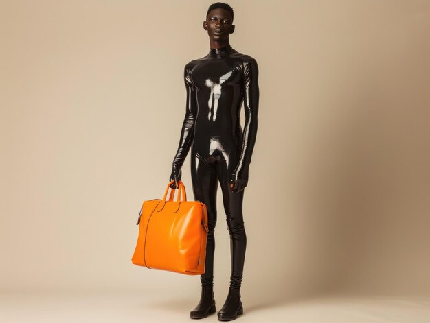 Photo un homme africain portant une combinaison noire avec un sac jaune