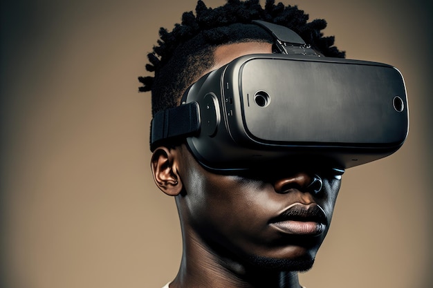 Homme africain portant des lunettes de réalité virtuelle debout fond propre studio