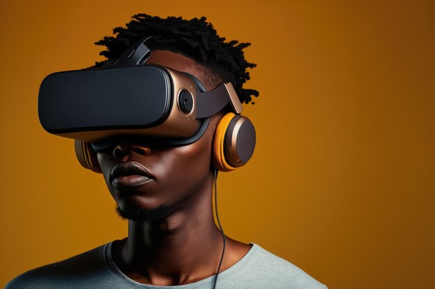 Homme africain portant des lunettes de réalité virtuelle debout fond propre studio