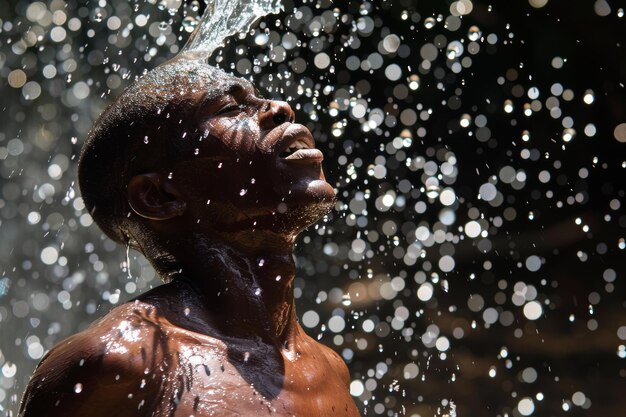 Photo un homme africain se baigne dans une cascade un moment de sérénité et de rafraîchissement