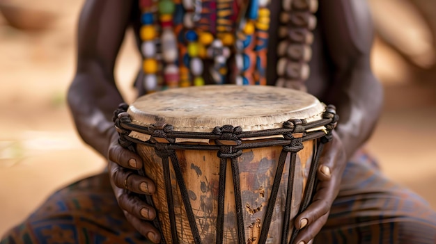 Un homme africain tient un tambour traditionnel dans ses mains. Le tambour est en bois et a une tête en peau de chèvre.