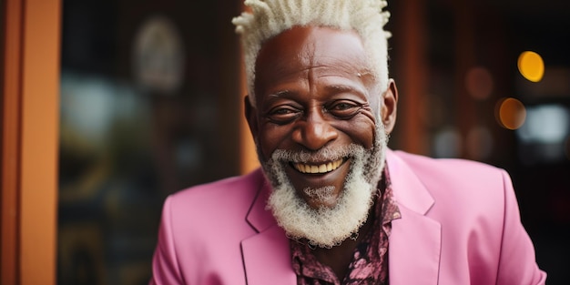 Un homme afro-américain âgé aux cheveux gris heureux et positif souriant confiant devant la caméra dos rose