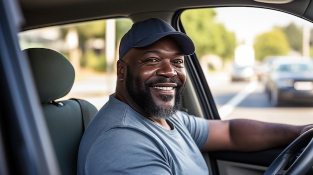Homme afro-américain d'âge moyen avec une barbe qui conduit une camionnette en regardant la caméra