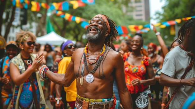 Un homme afro-américain âgé souriant largement fête lors d'un événement culturel animé dans la rue