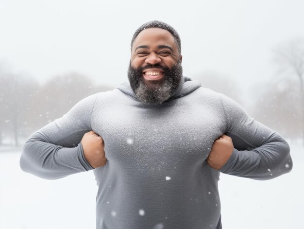 Un homme afro-américain apprécie la journée enneigée d'hiver dans une pose émouvante et dynamique.