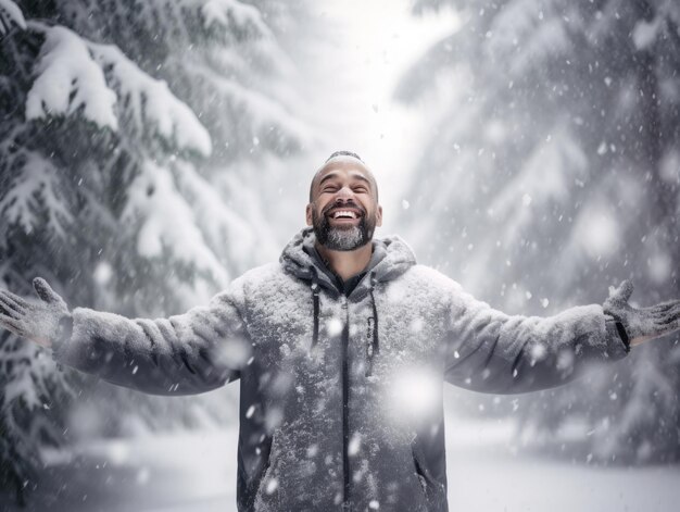 Un homme afro-américain apprécie la journée enneigée d'hiver dans une pose émouvante et dynamique.