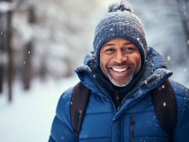 Un homme afro-américain apprécie la journée enneigée d'hiver dans une pose émouvante et dynamique.