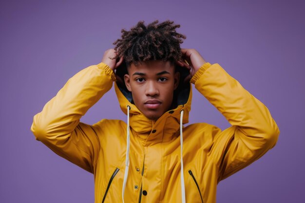 Un homme afro-américain confiant en veste jaune pose sur un fond violet