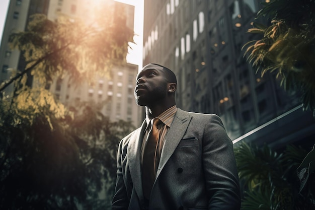 Homme afro-américain en costume dans la ville Concept de défi de carrière AI générative