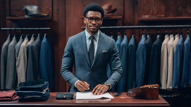 Un homme afro-américain élégamment habillé qui travaille dans un magasin de vêtements masculins classiques.