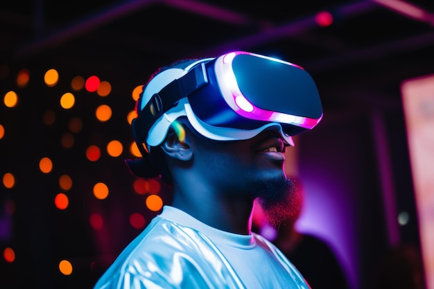 Un homme afro-américain, un étudiant, un utilisateur de technologie informatique, un homme portant un casque VR, une réalité virtuelle.