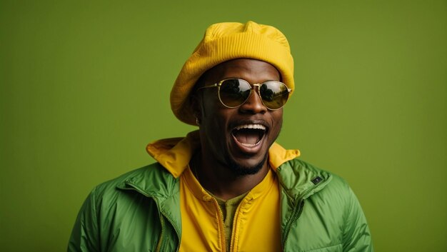 Un homme afro-américain excité en veste jaune, lunettes de soleil et chapeau jaune hurlant.