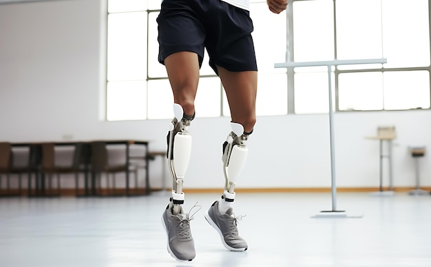 Un homme afro-américain handicapé avec des jambes prothétiques s'entraîne dans un centre de réadaptation