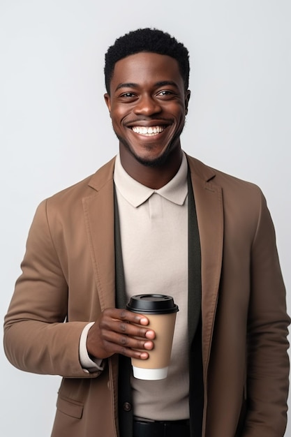 Homme afro-américain heureux avec une tasse de café sur fond blanc