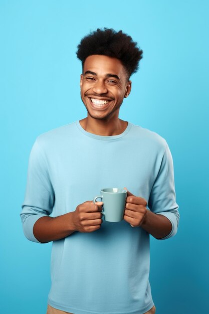 Homme afro-américain heureux avec une tasse de café sur fond bleu