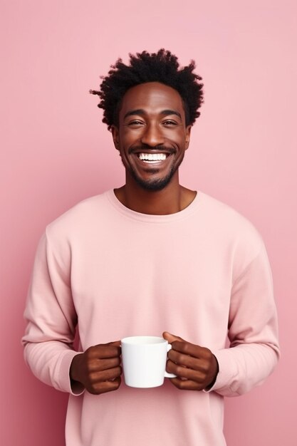 Homme afro-américain heureux avec une tasse de café sur fond rose