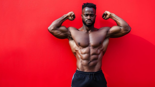 Photo un homme afro-américain musclé avec des cheveux noirs courts et une barbe se tient sur un fond rouge