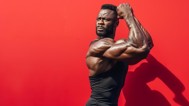 Un homme afro-américain musclé dans un tank top noir plie ses biceps contre un fond rouge