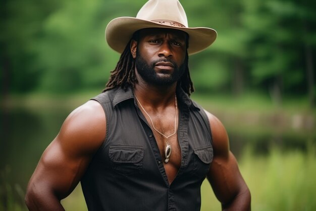 Un homme afro-américain musclé en gilet et chapeau de cow-boy regarde la caméra sur le fond de la verdure