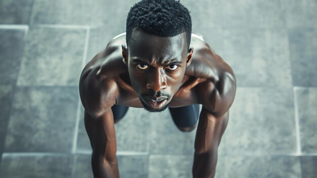 Un homme afro-américain musclé d'une vingtaine d'années fait des pompes sur un sol en béton gris.