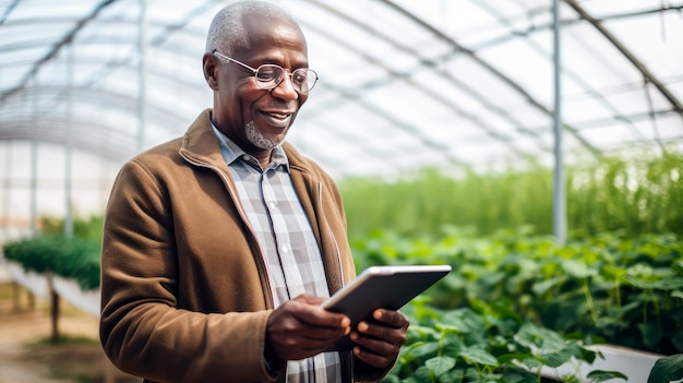 Photo un homme afro-américain à la peau noire avec une tablette portable est en train de planter et de s'occuper de plantes.