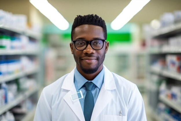 Un homme afro-américain pharmacien sur le fond des étagères avec des médicaments