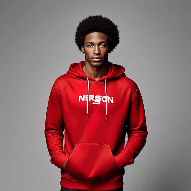 homme afro-américain portant un sweat à capuche rouge avec une expression sérieuse sur le visage simple et naturel